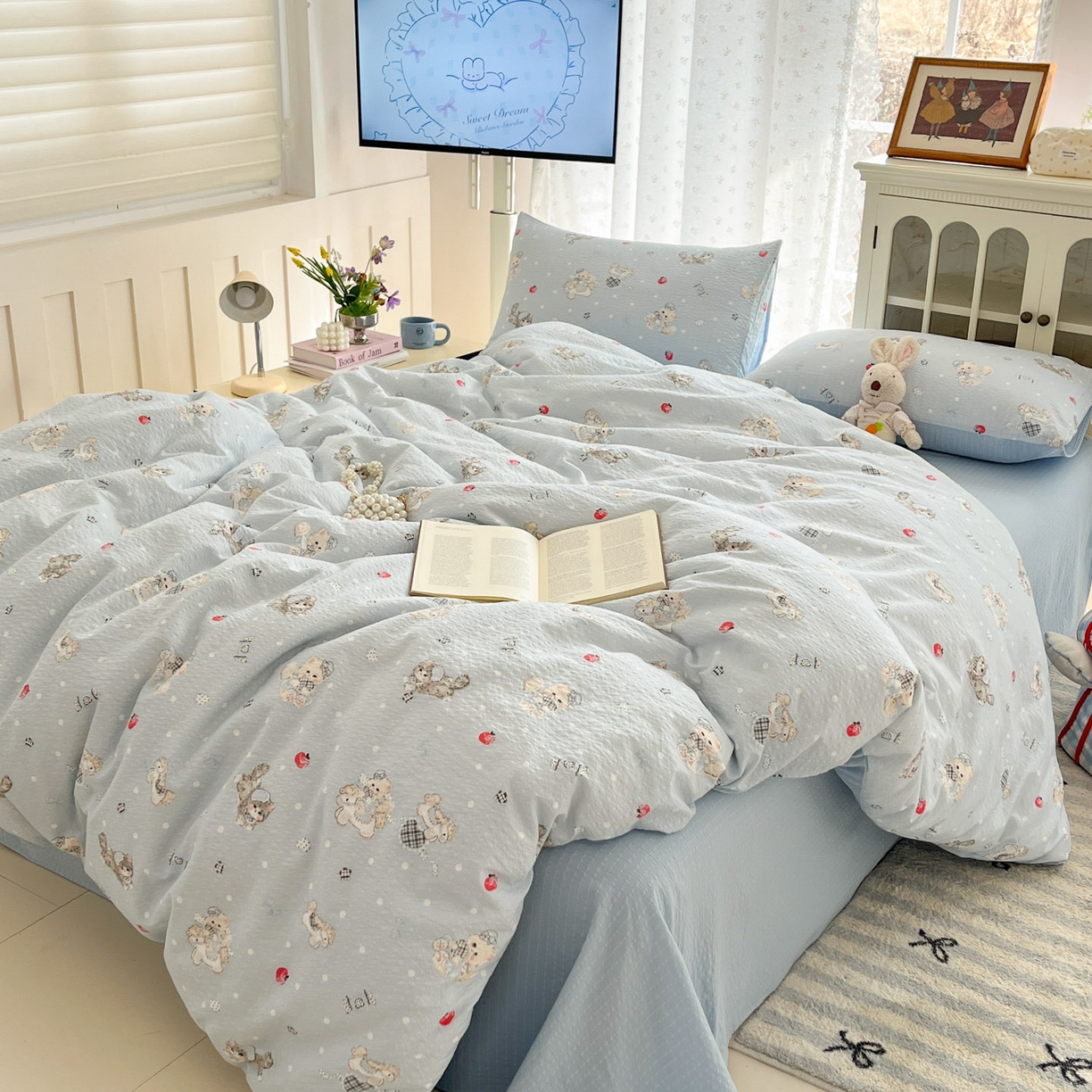 91家纺网 家纺一手货源 找家纺 瑞钰 2026新款直播热款高品质高克重泡泡纱泡芙纱四件套 猫咪蓝