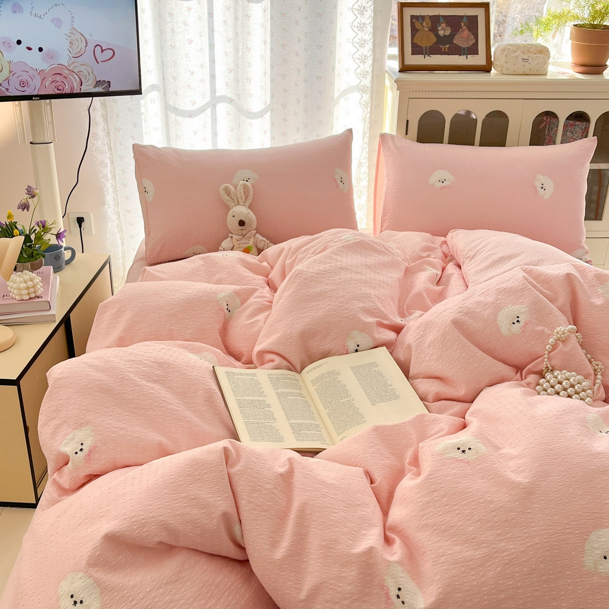 91家纺网 家纺一手货源 找家纺 瑞钰 2026新款直播热款高品质高克重泡泡纱泡芙纱四件套 泰迪狗粉