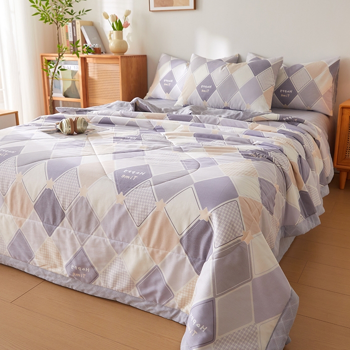 91家纺网 家纺一手货源 找家纺 海洋家纺 2026新款A类里外全棉棉花夏被-格子系列 风格二 菱形格 灰