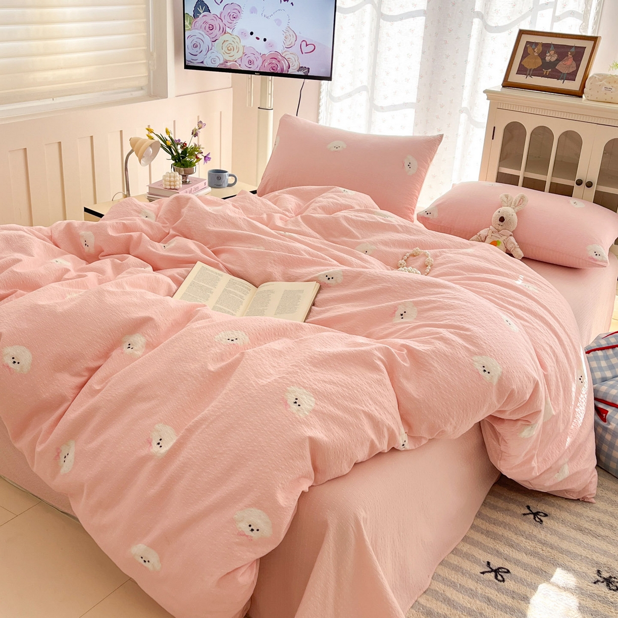 91家纺网 家纺一手货源 找家纺 瑞钰 2026新款直播热款高品质高克重泡泡纱泡芙纱四件套 泰迪狗粉