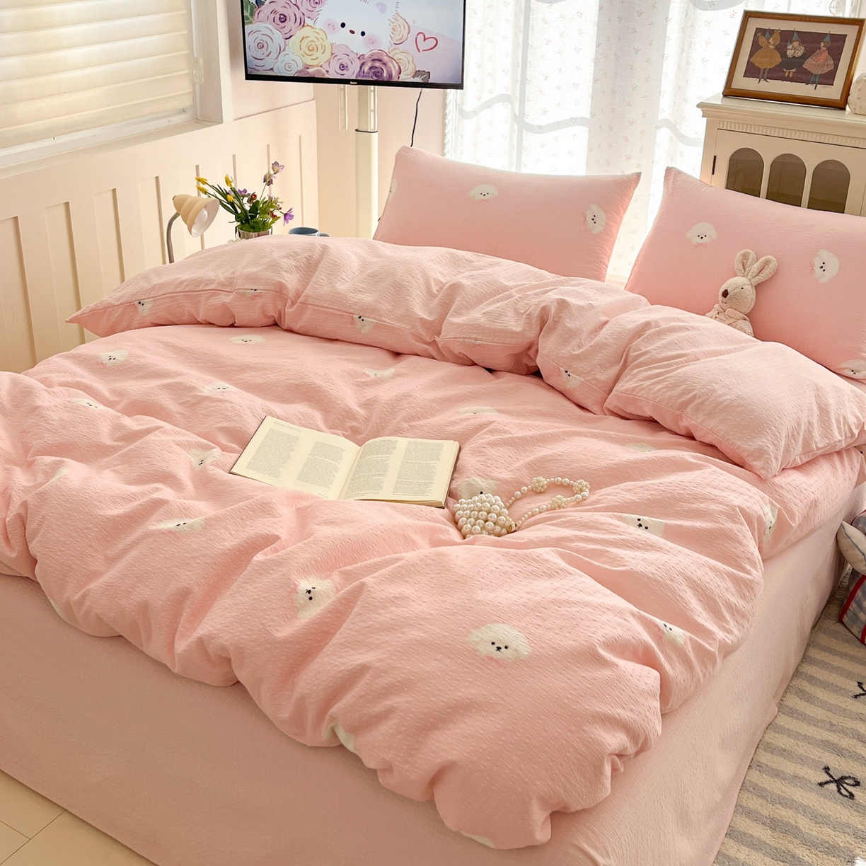 91家纺网 家纺一手货源 找家纺 瑞钰 2026新款直播热款高品质高克重泡泡纱泡芙纱四件套 泰迪狗粉