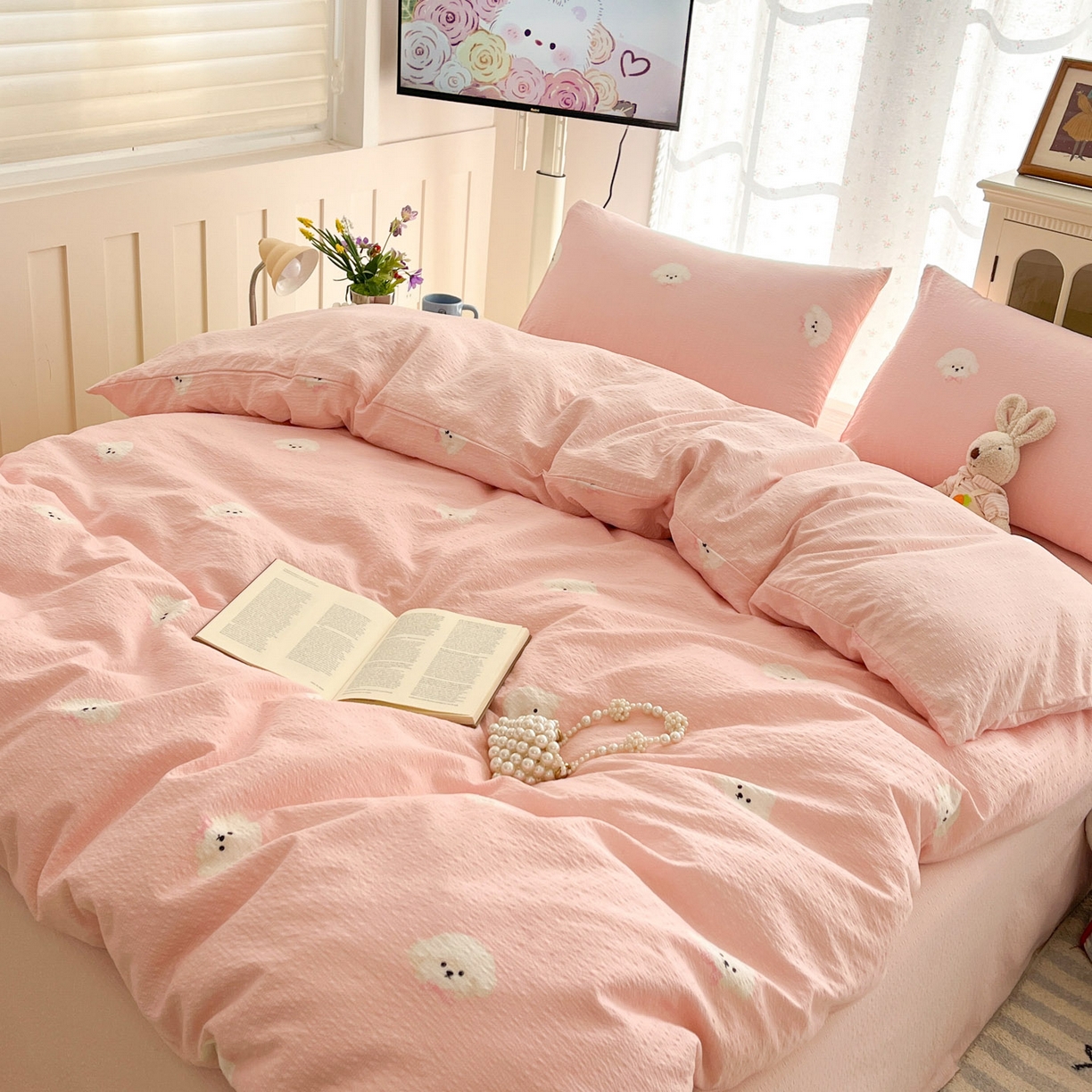 91家纺网 家纺一手货源 找家纺 瑞钰 2026新款直播热款高品质高克重泡泡纱泡芙纱四件套 泰迪狗粉