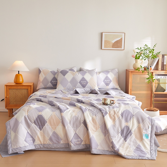 91家纺网 家纺一手货源 找家纺 海洋家纺 2026新款A类里外全棉棉花夏被-格子系列 风格二 菱形格 灰