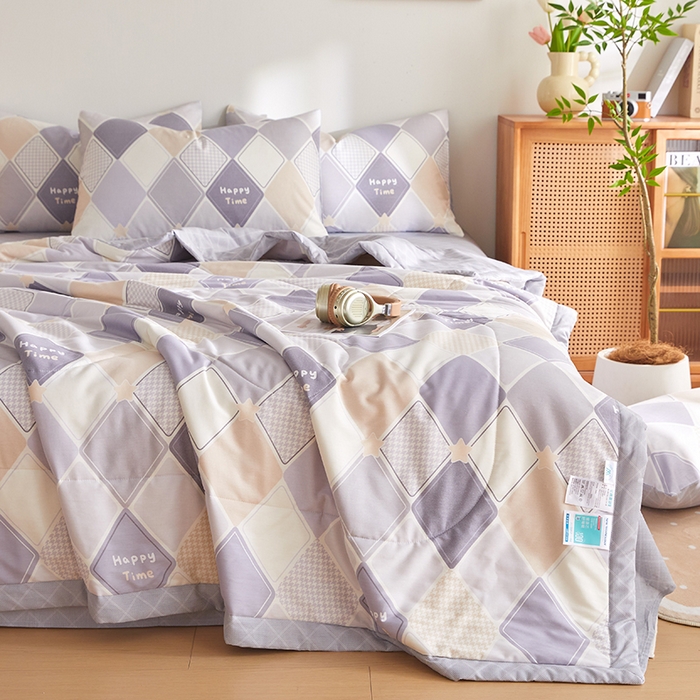 91家纺网 家纺一手货源 找家纺 海洋家纺 2026新款A类里外全棉棉花夏被-格子系列 风格二 菱形格 灰