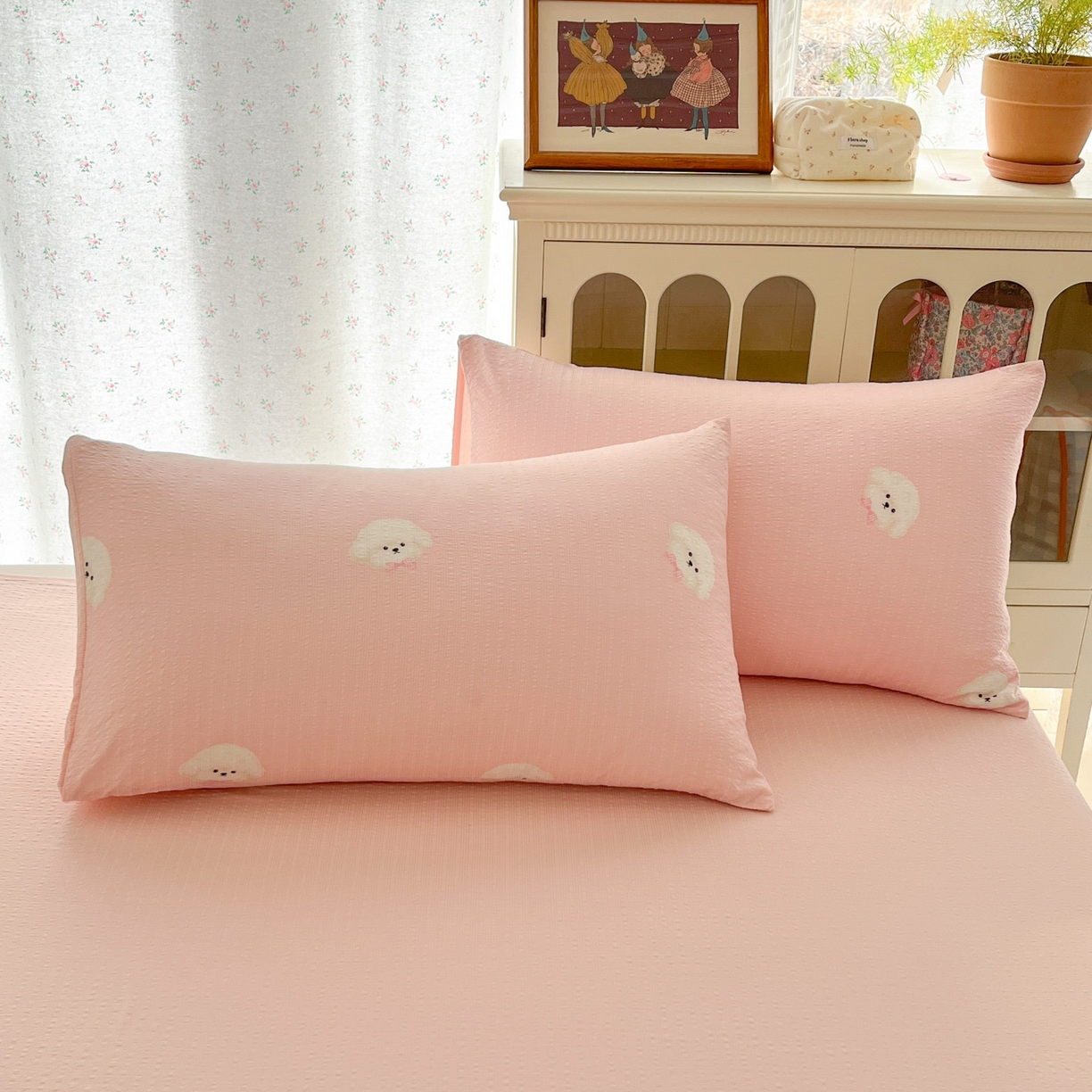 91家纺网 家纺一手货源 找家纺 瑞钰 2026新款直播热款高品质高克重泡泡纱泡芙纱四件套 泰迪狗粉