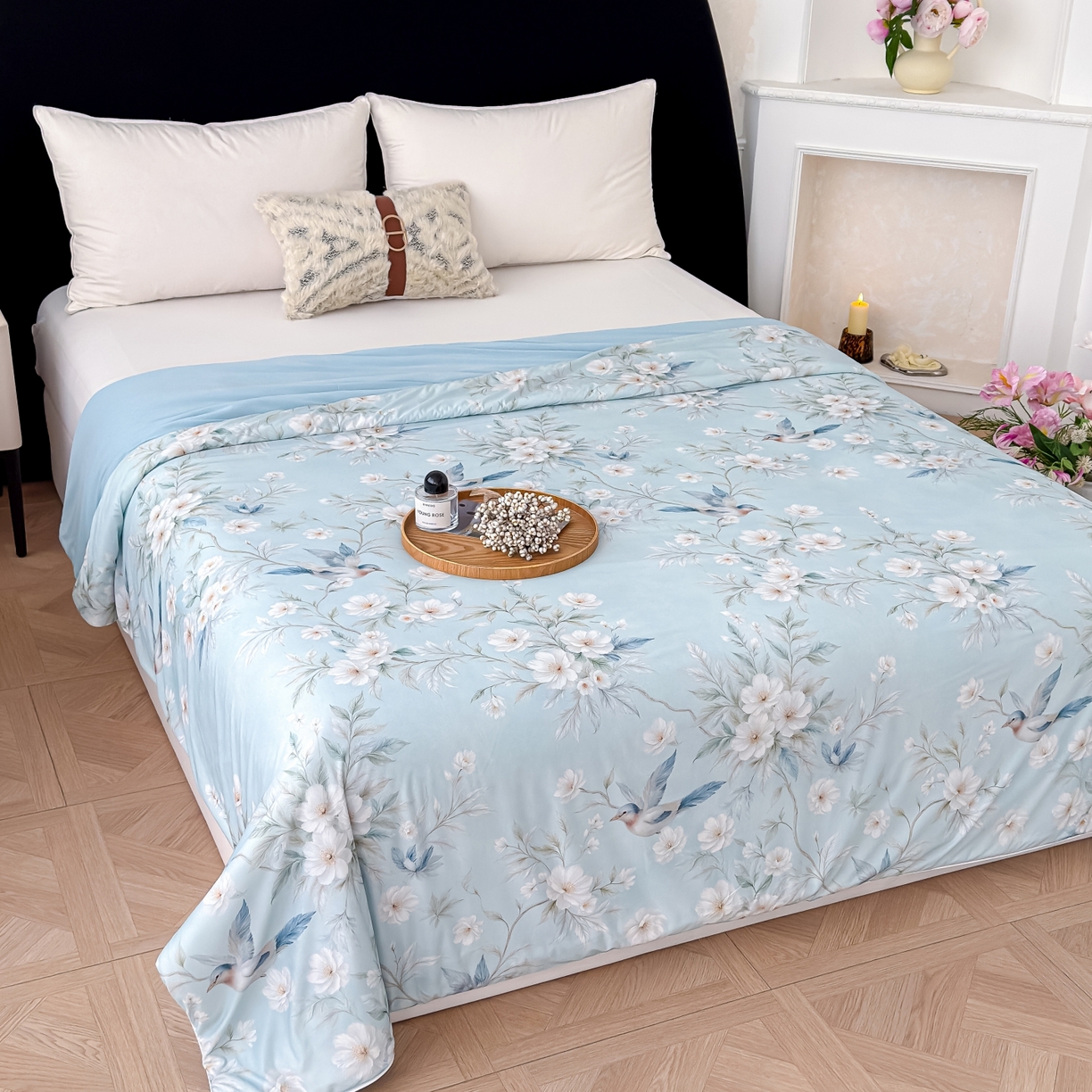 91家纺网 家纺一手货源 找家纺 圣尔雅家纺 2026春夏新款数码印花凉感丝夏被夏凉被空调被系列 翠鸟