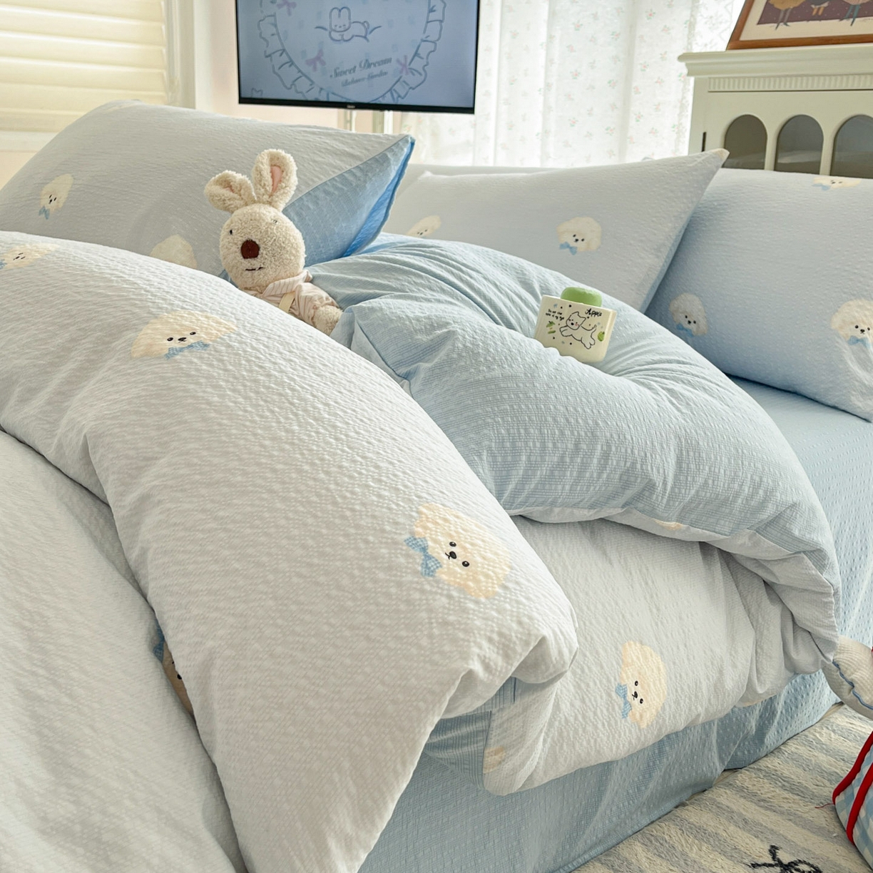 瑞钰 2026新款直播热款高品质高克重泡泡纱泡芙纱四件套 泰迪狗蓝