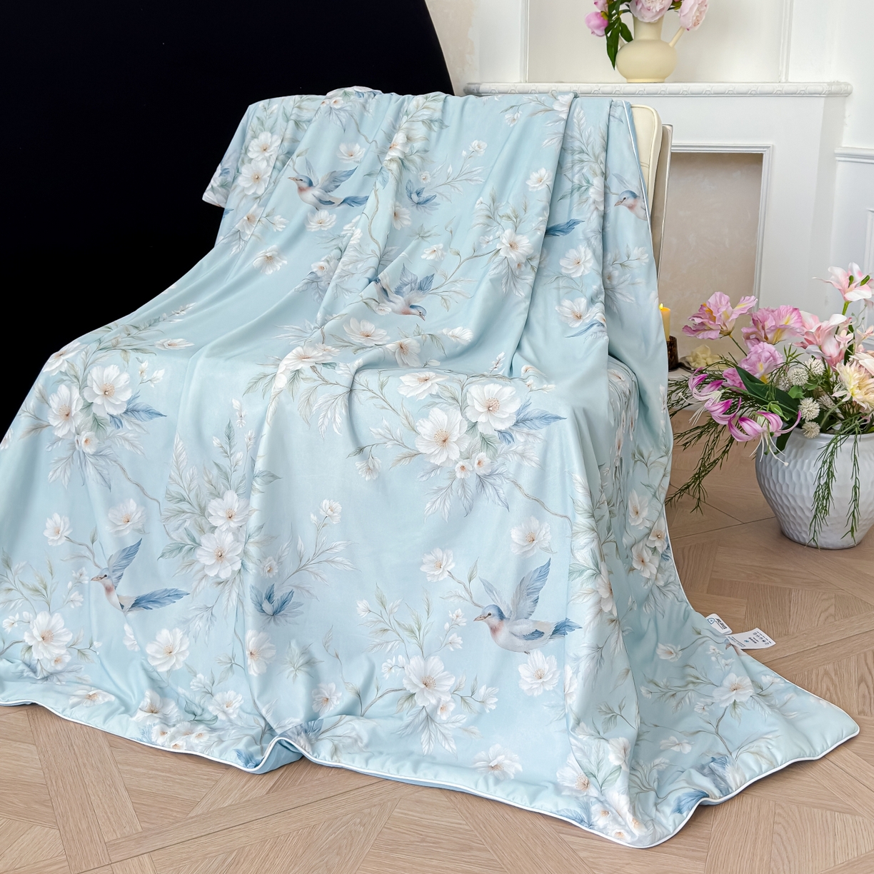 91家纺网 家纺一手货源 找家纺 圣尔雅家纺 2026春夏新款数码印花凉感丝夏被夏凉被空调被系列 翠鸟