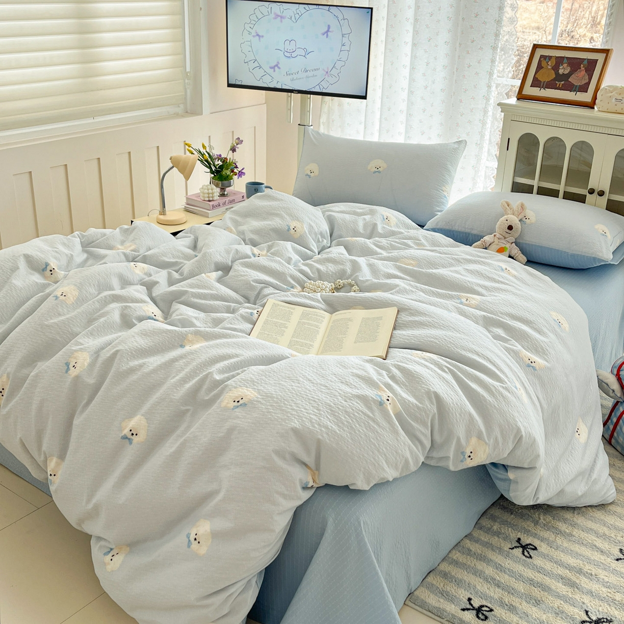 91家纺网 家纺一手货源 找家纺 瑞钰 2026新款直播热款高品质高克重泡泡纱泡芙纱四件套 泰迪狗蓝