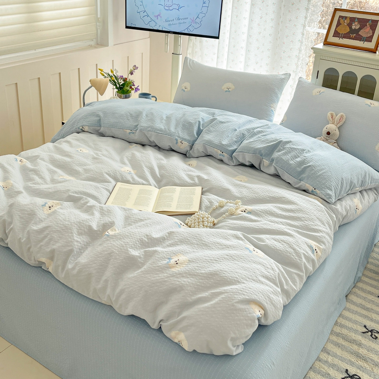 91家纺网 家纺一手货源 找家纺 瑞钰 2026新款直播热款高品质高克重泡泡纱泡芙纱四件套 泰迪狗蓝