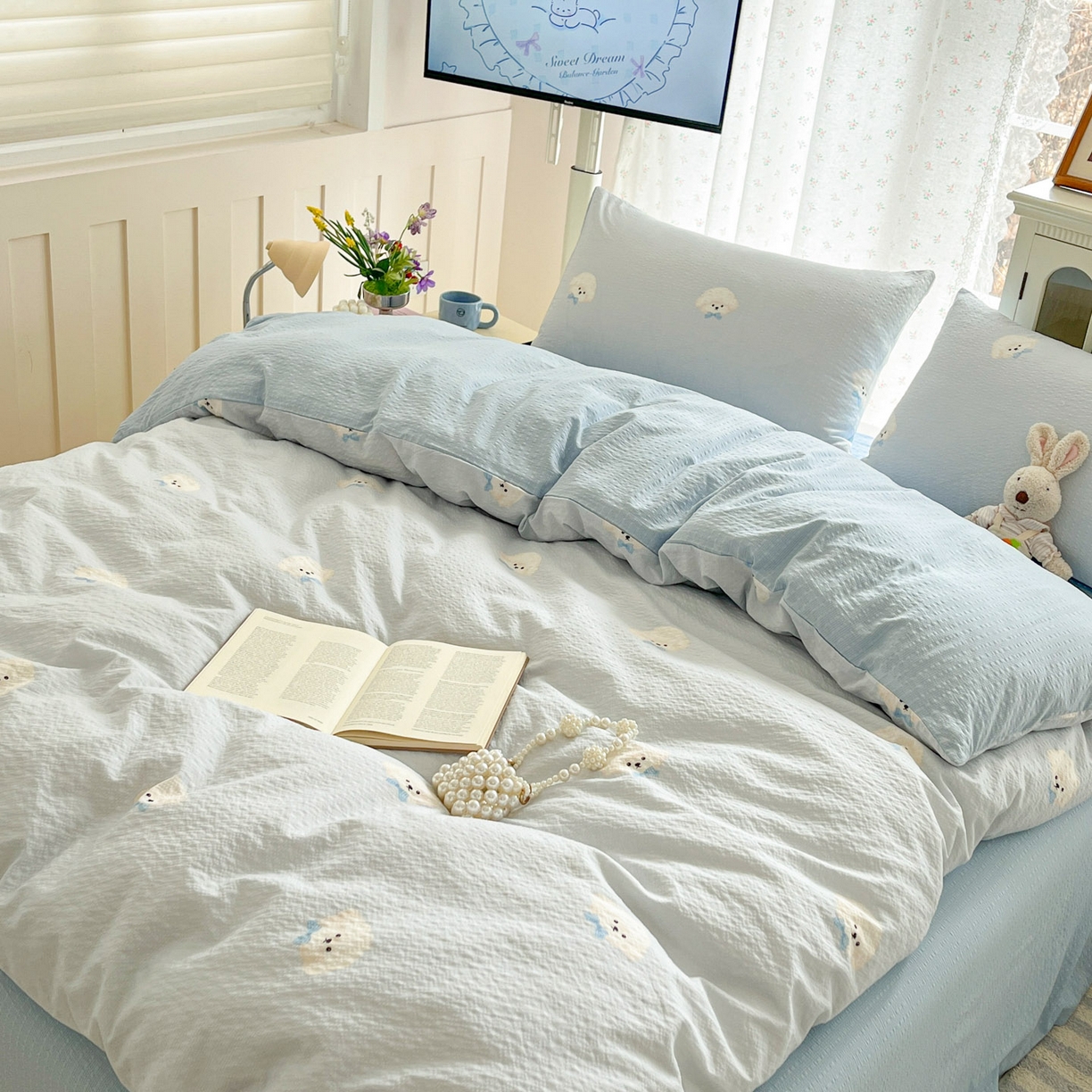 91家纺网 家纺一手货源 找家纺 瑞钰 2026新款直播热款高品质高克重泡泡纱泡芙纱四件套 泰迪狗蓝