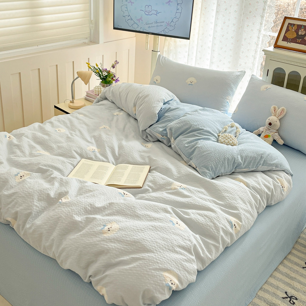 91家纺网 家纺一手货源 找家纺 瑞钰 2026新款直播热款高品质高克重泡泡纱泡芙纱四件套 泰迪狗蓝