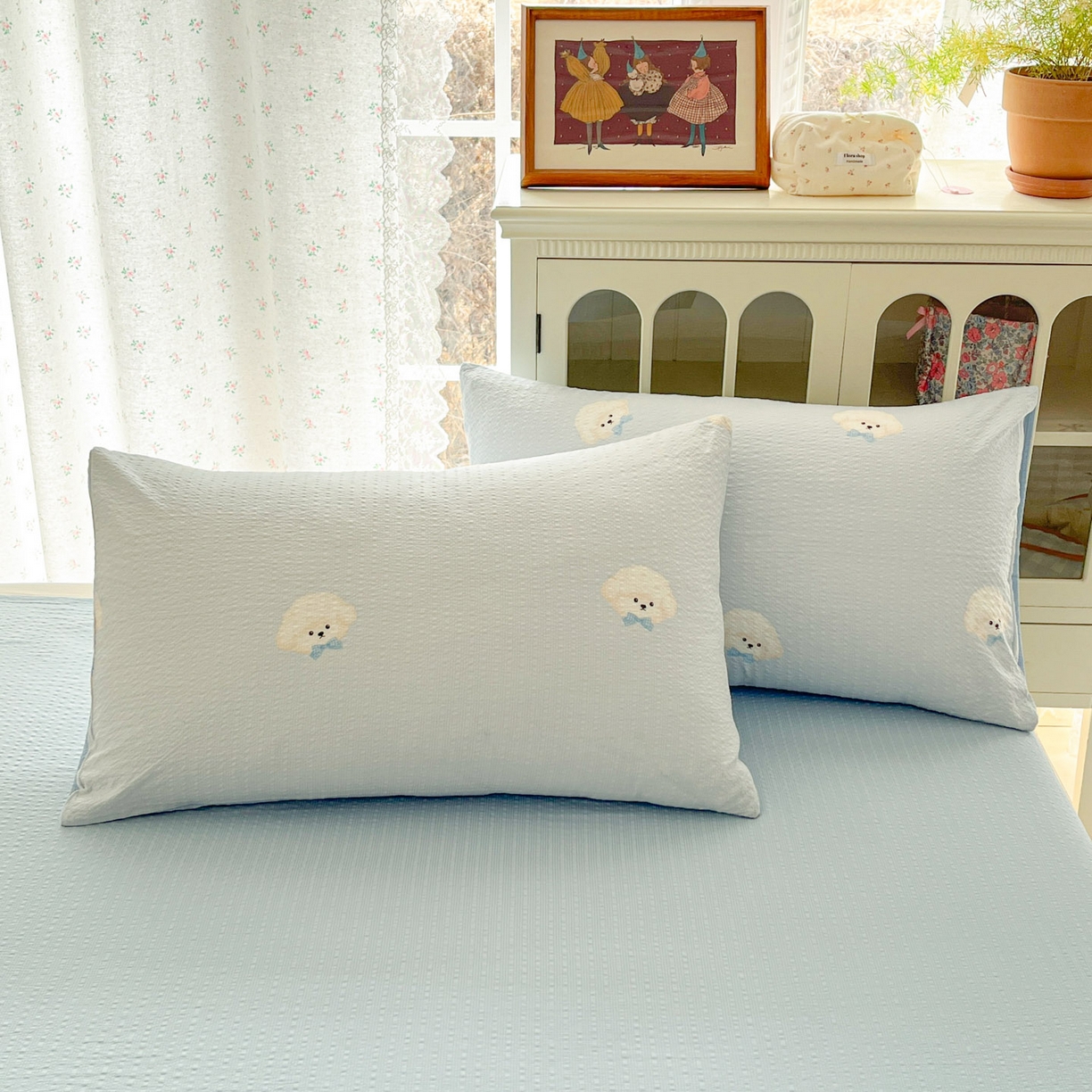 91家纺网 家纺一手货源 找家纺 瑞钰 2026新款直播热款高品质高克重泡泡纱泡芙纱四件套 泰迪狗蓝