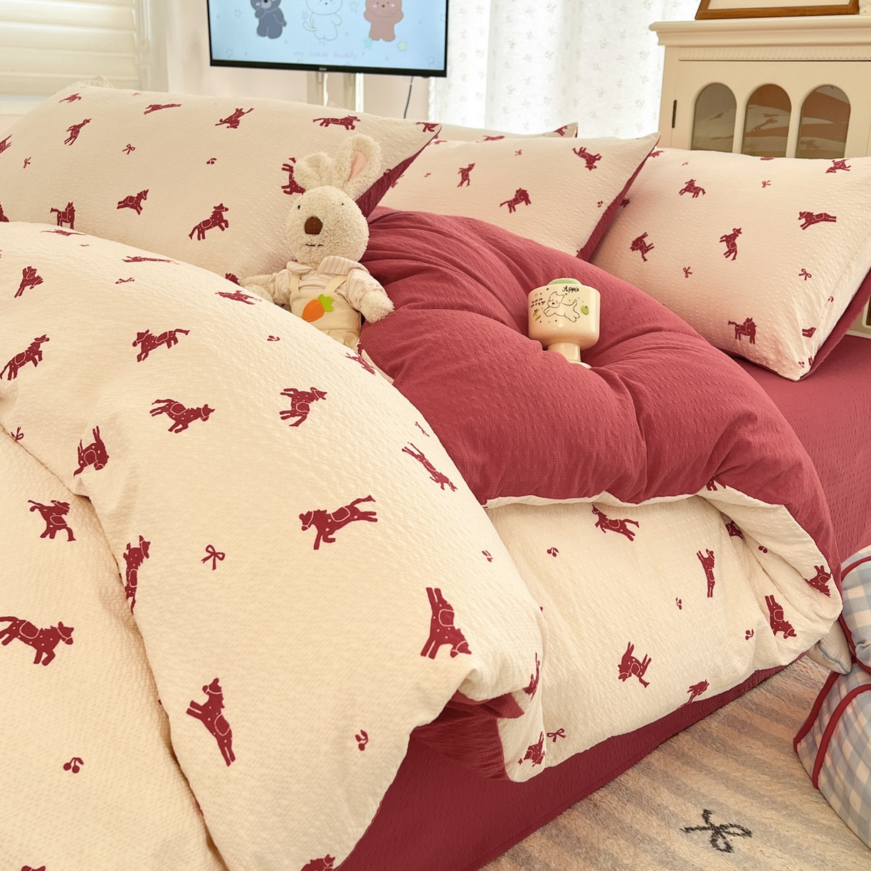 瑞钰 2026新款直播热款高品质高克重泡泡纱泡芙纱四件套 小红马