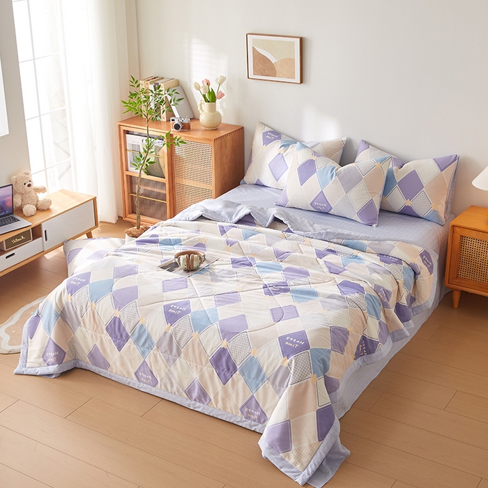 91家纺网 家纺一手货源 找家纺 海洋家纺 2026新款A类里外全棉棉花夏被-格子系列 风格二 菱形格 蓝