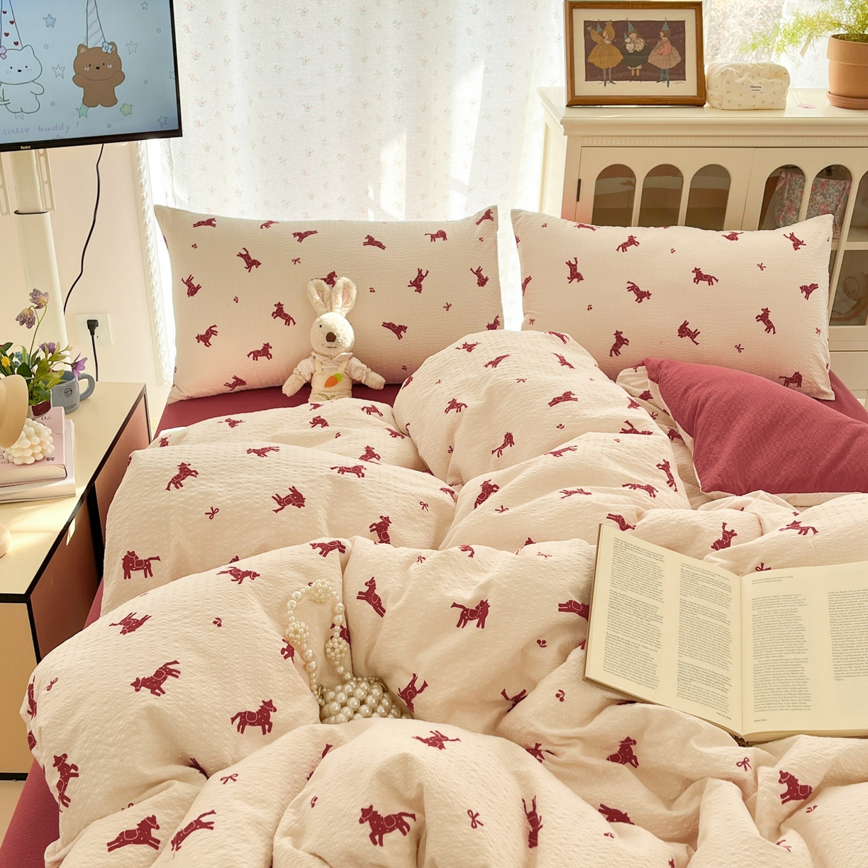 91家纺网 家纺一手货源 找家纺 瑞钰 2026新款直播热款高品质高克重泡泡纱泡芙纱四件套 小红马