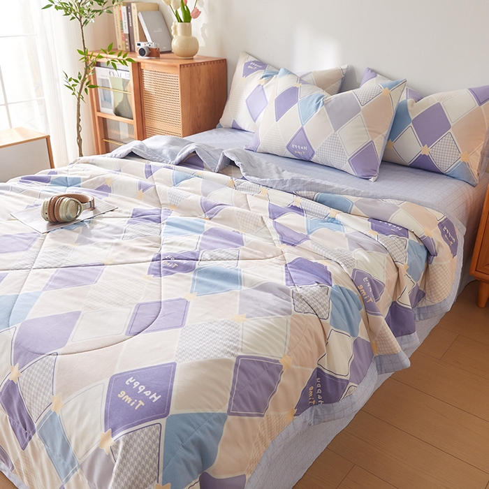 91家纺网 家纺一手货源 找家纺 海洋家纺 2026新款A类里外全棉棉花夏被-格子系列 风格二 菱形格 蓝