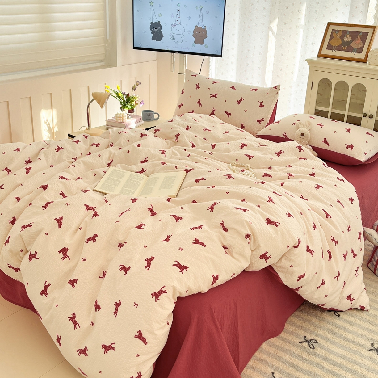 91家纺网 家纺一手货源 找家纺 瑞钰 2026新款直播热款高品质高克重泡泡纱泡芙纱四件套 小红马