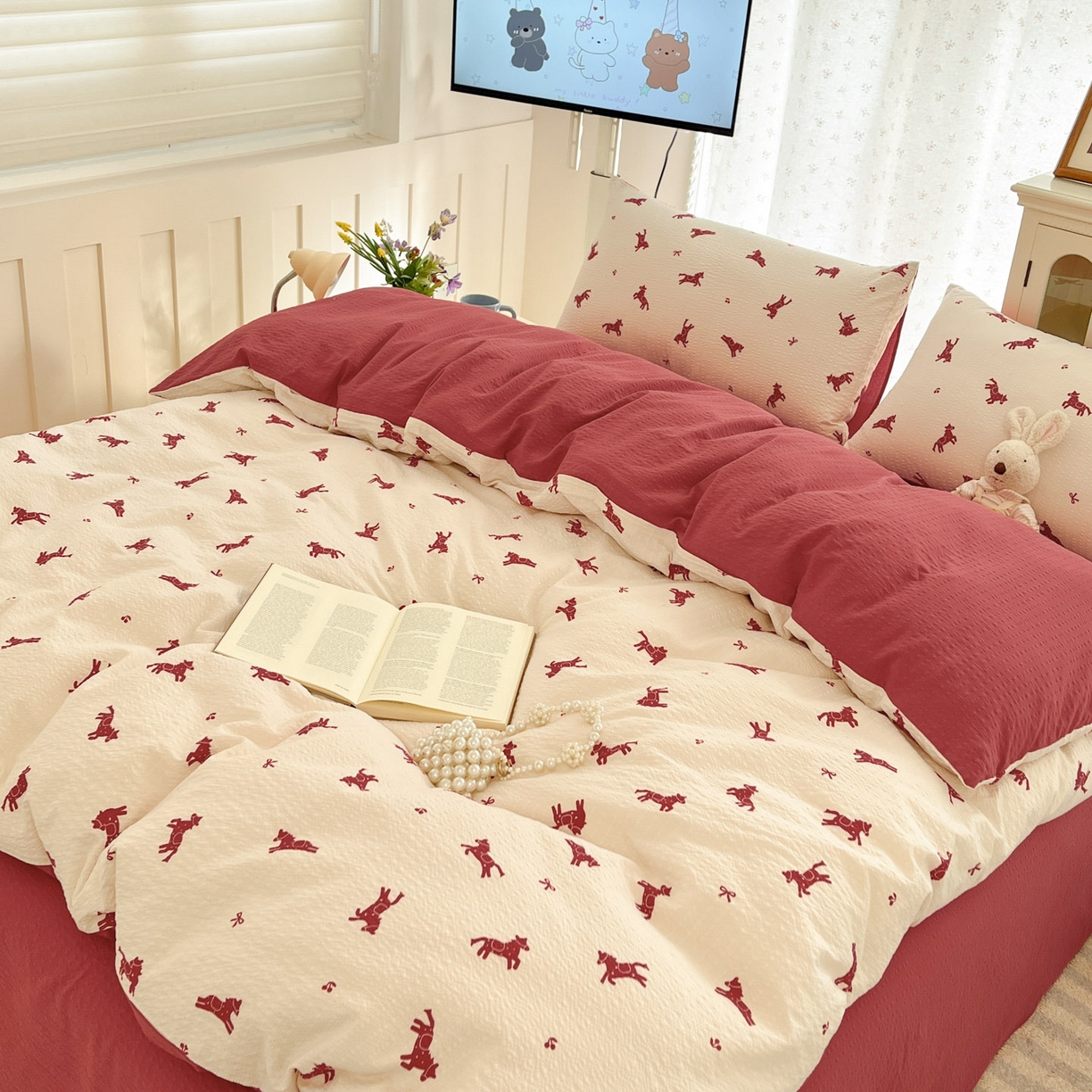 91家纺网 家纺一手货源 找家纺 瑞钰 2026新款直播热款高品质高克重泡泡纱泡芙纱四件套 小红马