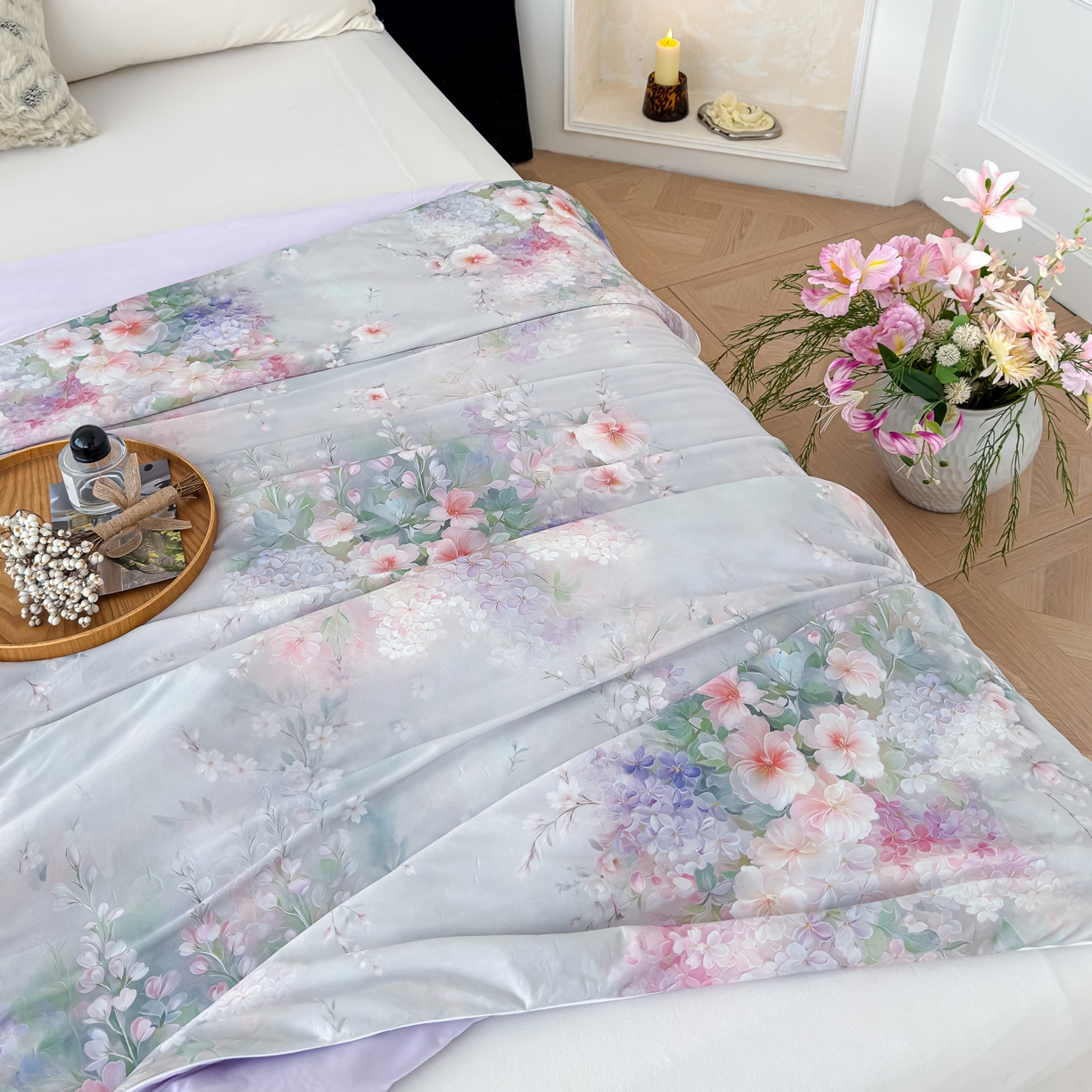 91家纺网 家纺一手货源 找家纺 圣尔雅家纺 2026春夏新款数码印花凉感丝夏被夏凉被空调被系列 花漫