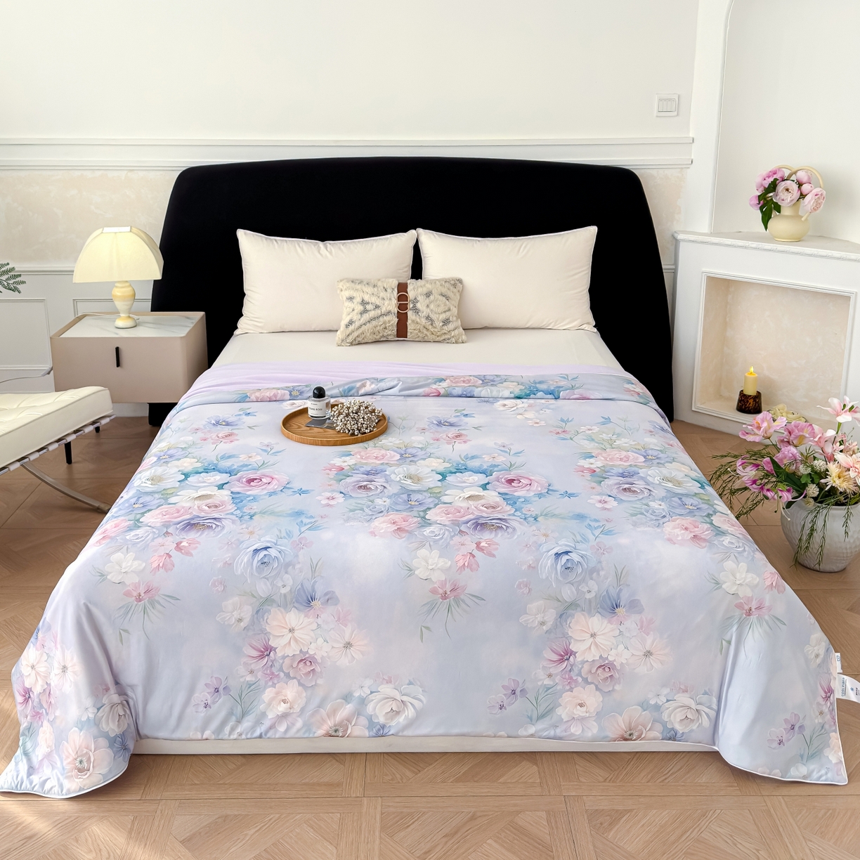 91家纺网 家纺一手货源 找家纺 圣尔雅家纺 2026春夏新款数码印花凉感丝夏被夏凉被空调被系列 花雾