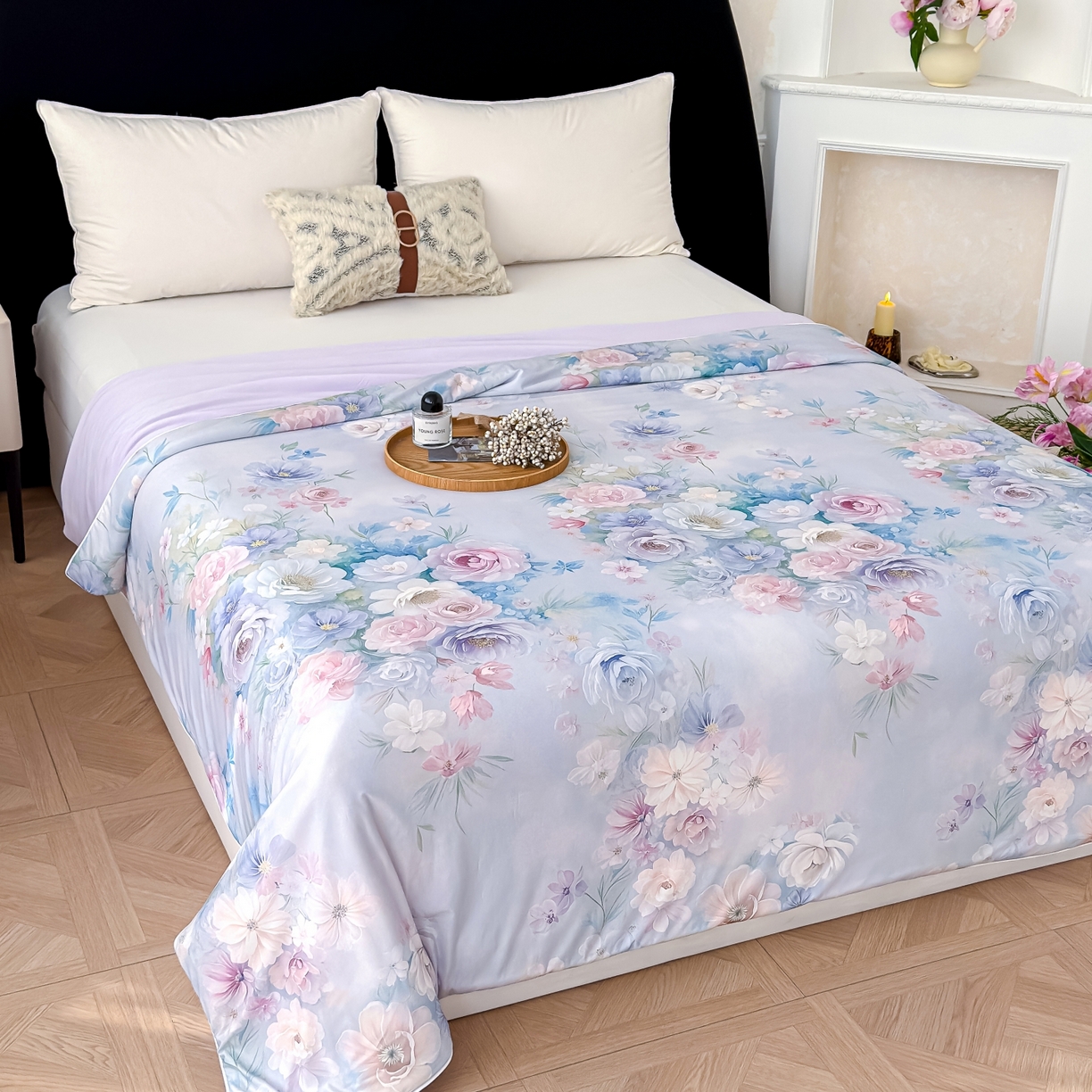 91家纺网 家纺一手货源 找家纺 圣尔雅家纺 2026春夏新款数码印花凉感丝夏被夏凉被空调被系列 花雾