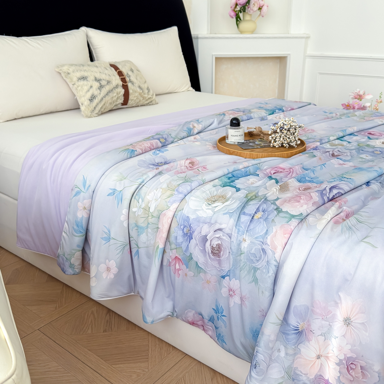 91家纺网 家纺一手货源 找家纺 圣尔雅家纺 2026春夏新款数码印花凉感丝夏被夏凉被空调被系列 花雾