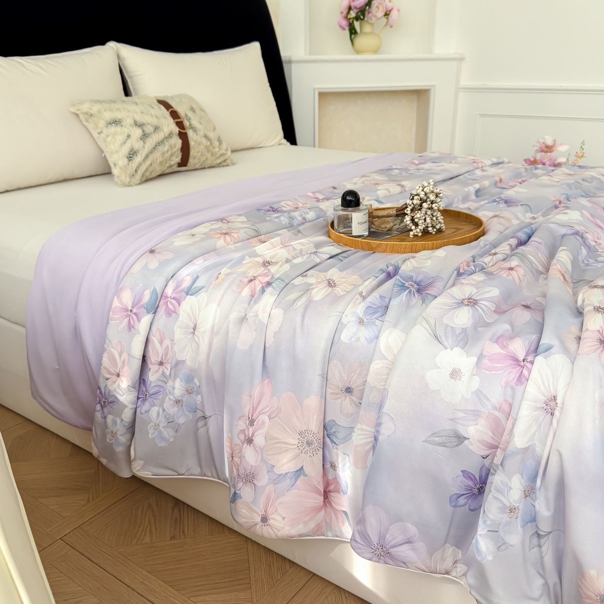 91家纺网 家纺一手货源 找家纺 圣尔雅家纺 2026春夏新款数码印花凉感丝夏被夏凉被空调被系列 梦朵（粉）