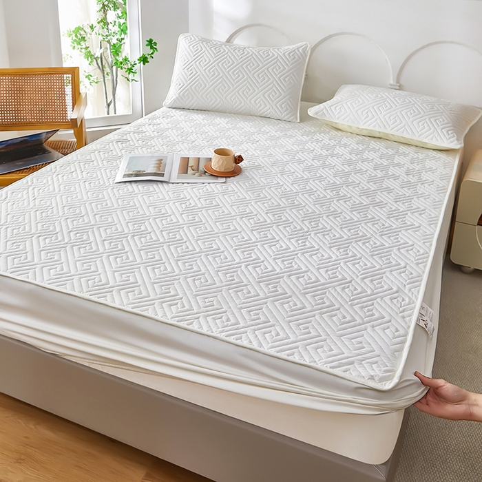 91家纺网 家纺一手货源 找家纺 三盛源 2026新款A类防水夹棉床笠加厚席梦思床垫保护套床笠罩防滑-简奢系列（支持小批量定制尺寸） 简奢系列-月光白