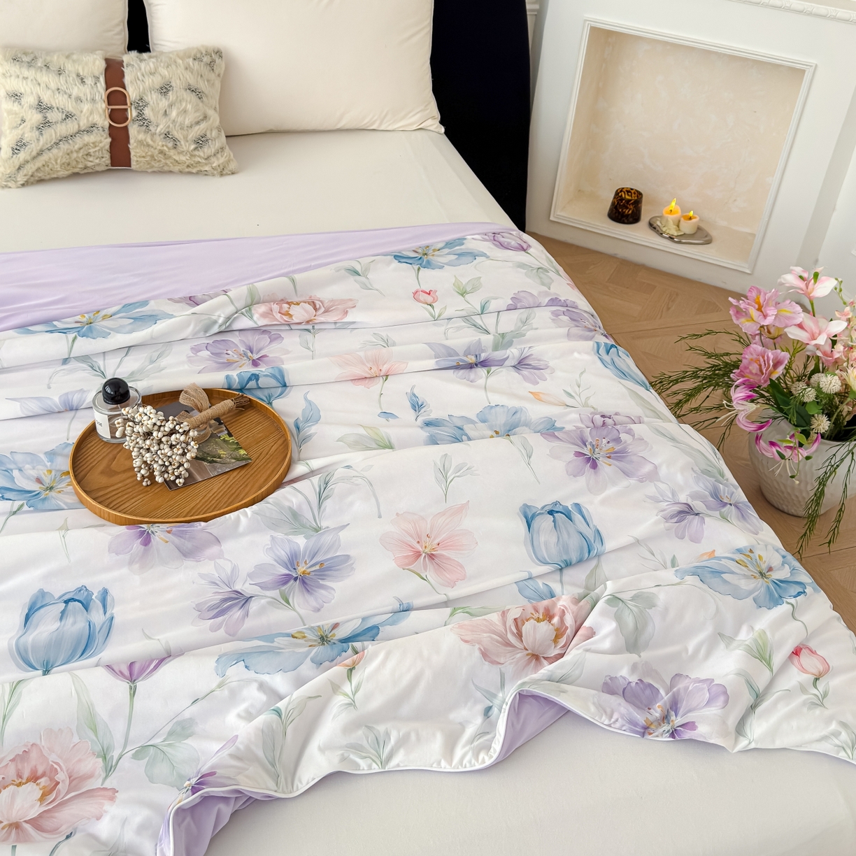 91家纺网 家纺一手货源 找家纺 圣尔雅家纺 2026春夏新款数码印花凉感丝夏被夏凉被空调被系列 清雅