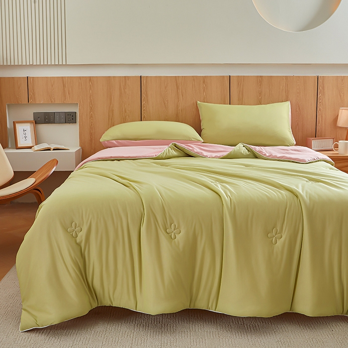 91家纺网 家纺一手货源 找家纺 悦织语 2026新款A类云母凉感丝（含氨纶）+针织棉双面可用夏凉被空调被被子被芯 橄榄绿+奶茶粉