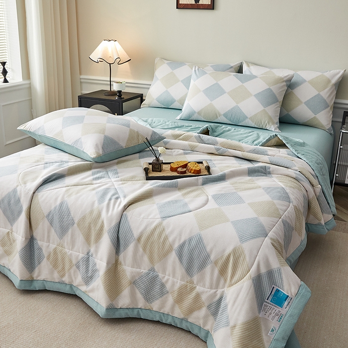 91家纺网 家纺一手货源 找家纺 海洋家纺 2026新款A类里外全棉棉花夏被-格子系列 风格二 莫兰迪