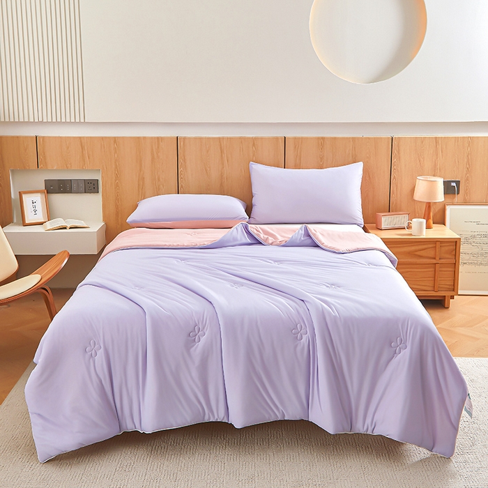 91家纺网 家纺一手货源 找家纺 悦织语 2026新款A类云母凉感丝（含氨纶）+针织棉双面可用夏凉被空调被被子被芯 加仑紫+奶茶粉