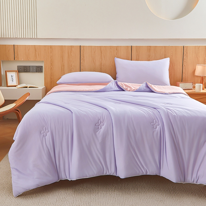 91家纺网 家纺一手货源 找家纺 悦织语 2026新款A类云母凉感丝（含氨纶）+针织棉双面可用夏凉被空调被被子被芯 加仑紫+奶茶粉