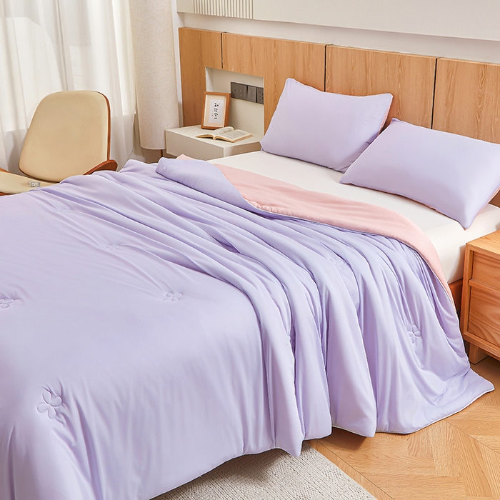 91家纺网 家纺一手货源 找家纺 悦织语 2026新款A类云母凉感丝（含氨纶）+针织棉双面可用夏凉被空调被被子被芯 加仑紫+奶茶粉