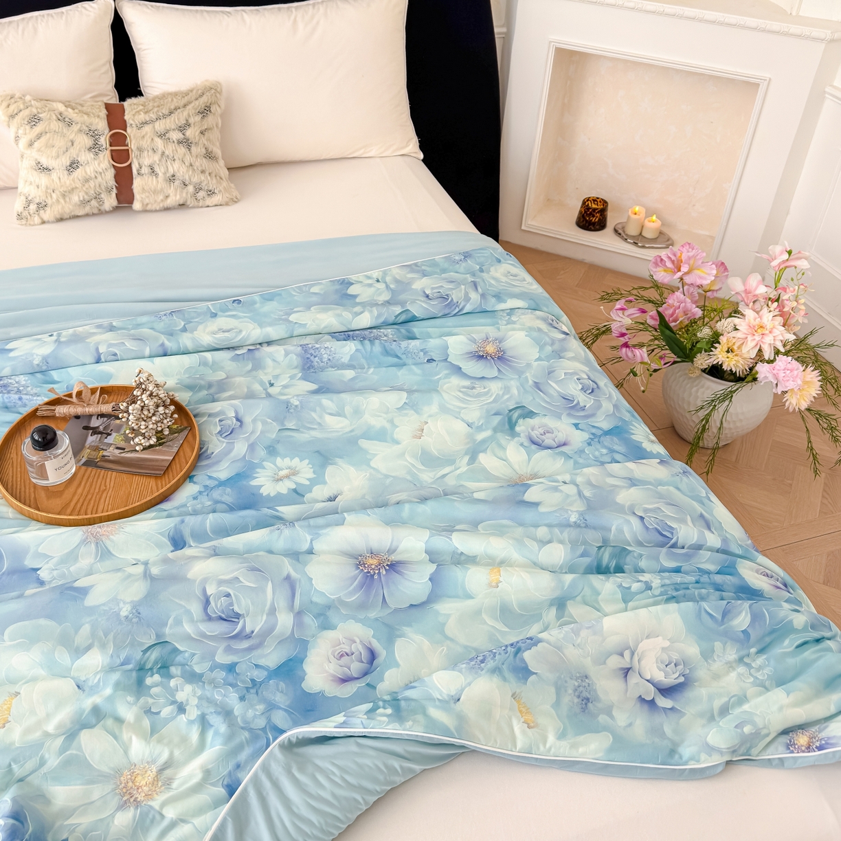 91家纺网 家纺一手货源 找家纺 圣尔雅家纺 2026春夏新款数码印花凉感丝夏被夏凉被空调被系列 柔依