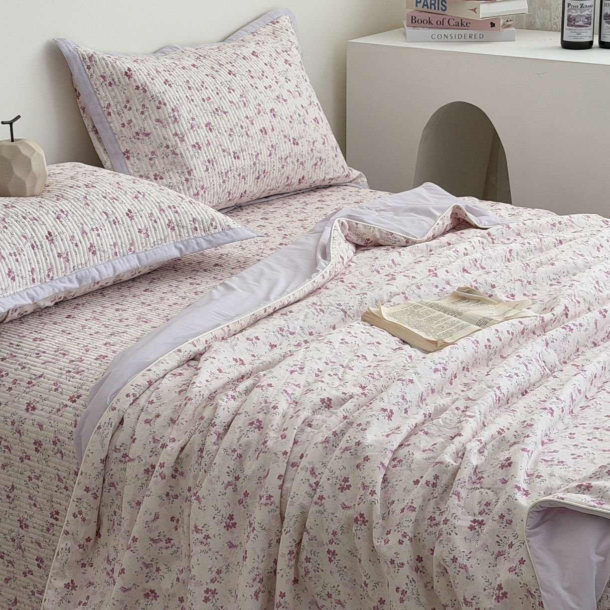 91家纺网 家纺一手货源 找家纺 佰织鑫家居 2026新款全棉双层纱床盖款锦氨夏被四件套 青禾