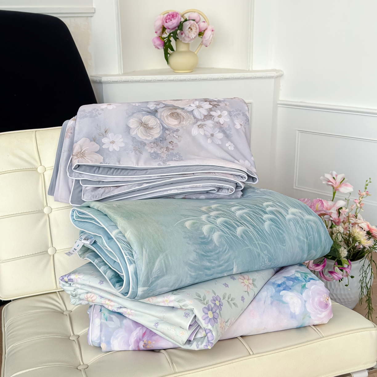 91家纺网 家纺一手货源 找家纺 圣尔雅家纺 2026春夏新款数码印花凉感丝夏被夏凉被空调被系列 组合图