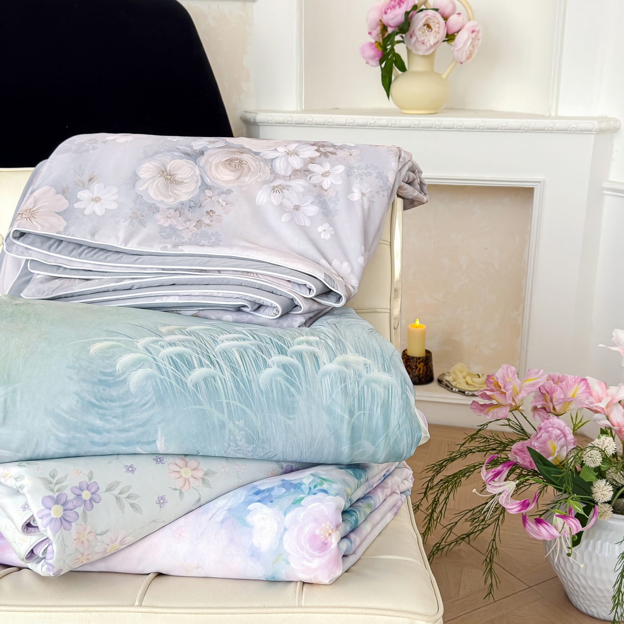 91家纺网 家纺一手货源 找家纺 圣尔雅家纺 2026春夏新款数码印花凉感丝夏被夏凉被空调被系列 组合图