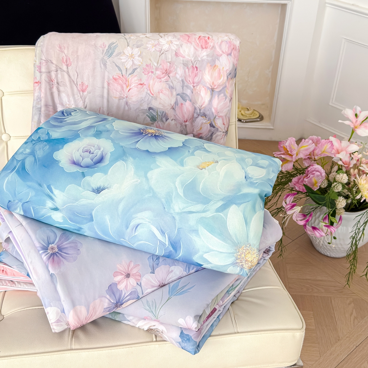 91家纺网 家纺一手货源 找家纺 圣尔雅家纺 2026春夏新款数码印花凉感丝夏被夏凉被空调被系列 组合图