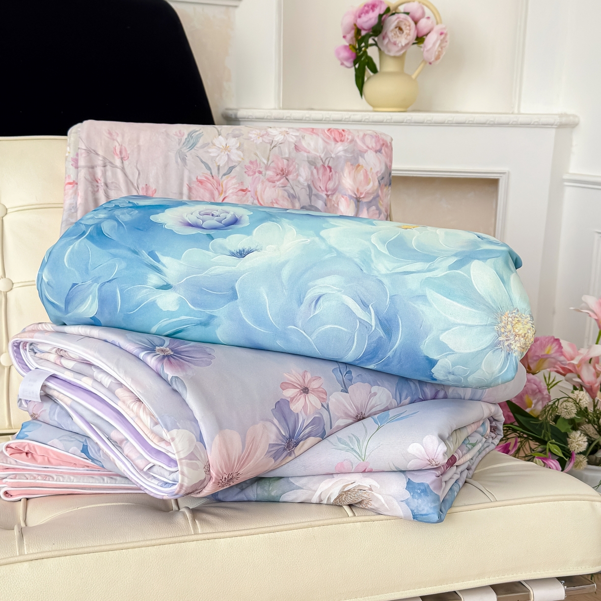 91家纺网 家纺一手货源 找家纺 圣尔雅家纺 2026春夏新款数码印花凉感丝夏被夏凉被空调被系列 组合图