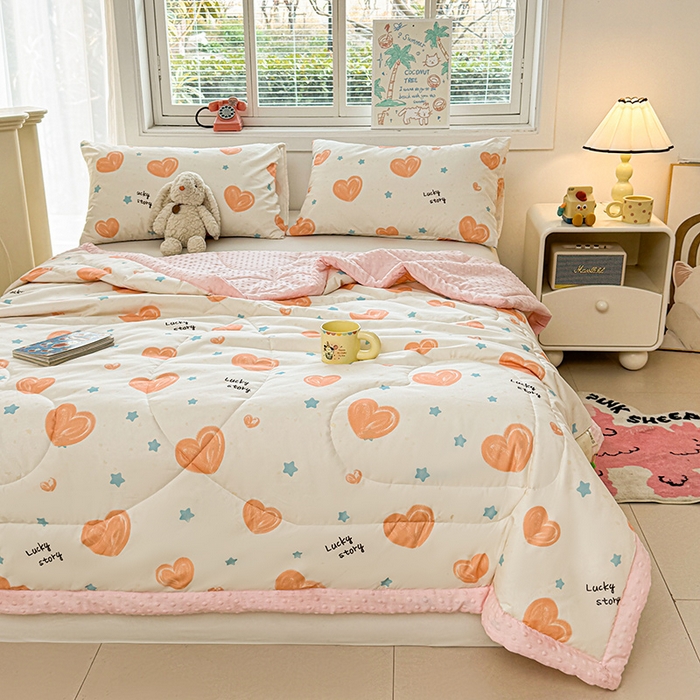 91家纺网 家纺一手货源 找家纺 悦织语 2026新款水洗棉双层纱豆豆被大豆夏凉被 爱心满满