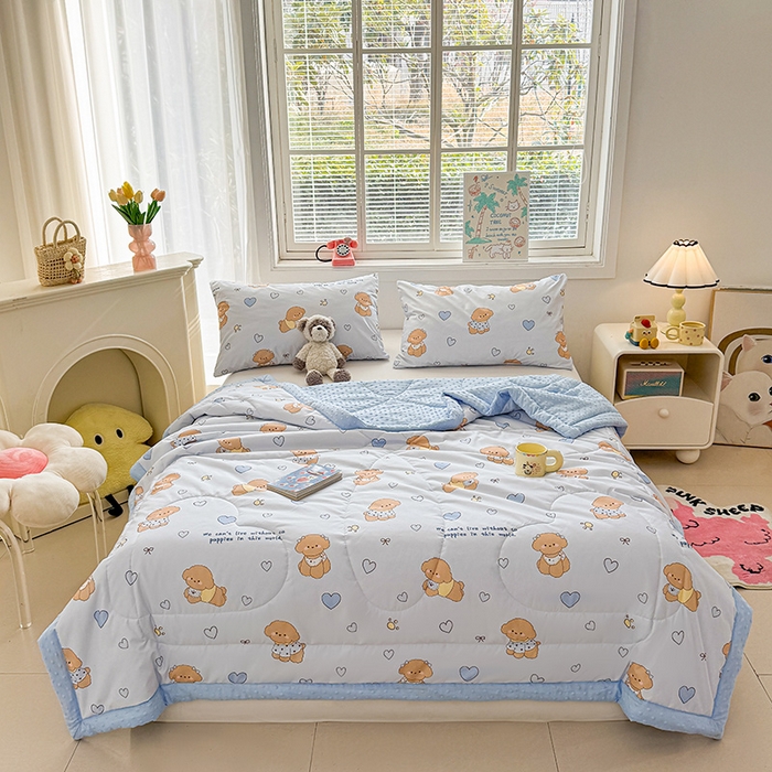 91家纺网 家纺一手货源 找家纺 悦织语 2026新款水洗棉双层纱豆豆被大豆夏凉被 开心小狗