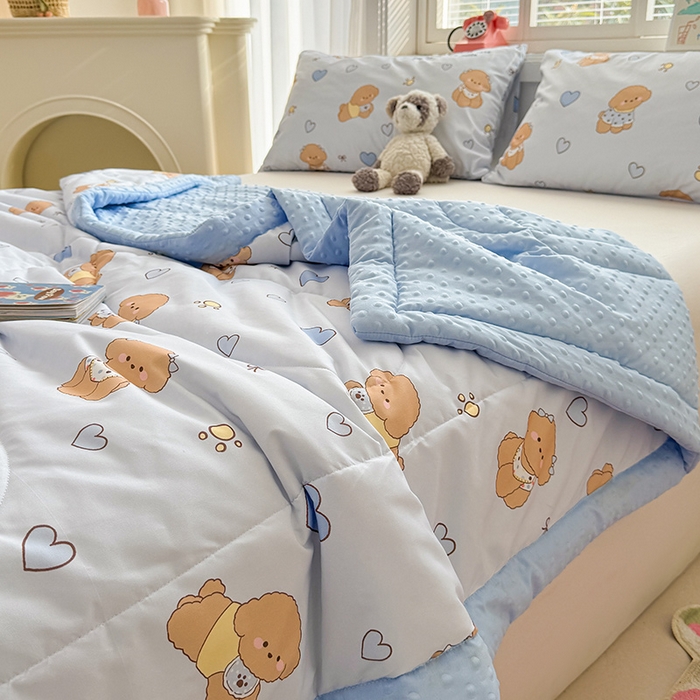 91家纺网 家纺一手货源 找家纺 悦织语 2026新款水洗棉双层纱豆豆被大豆夏凉被 开心小狗