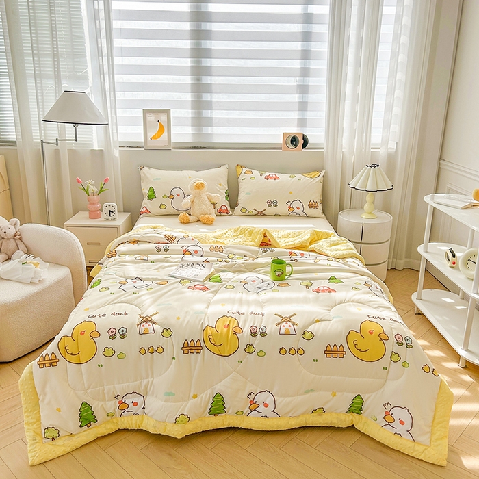 91家纺网 家纺一手货源 找家纺 悦织语 2026新款水洗棉双层纱豆豆被大豆夏凉被 可爱鸭