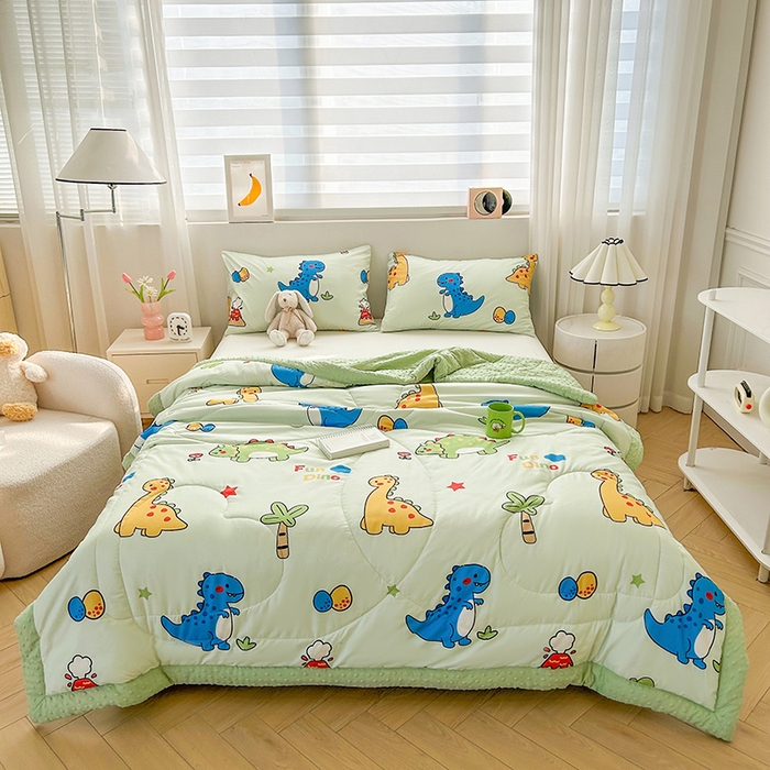 91家纺网 家纺一手货源 找家纺 悦织语 2026新款水洗棉双层纱豆豆被大豆夏凉被 恐龙乐园