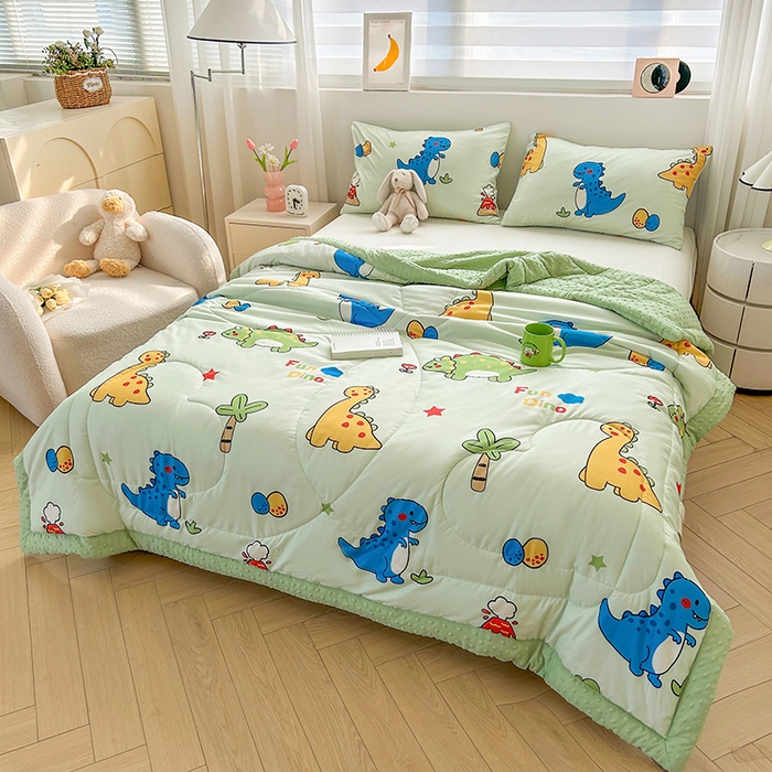 91家纺网 家纺一手货源 找家纺 悦织语 2026新款水洗棉双层纱豆豆被大豆夏凉被 恐龙乐园