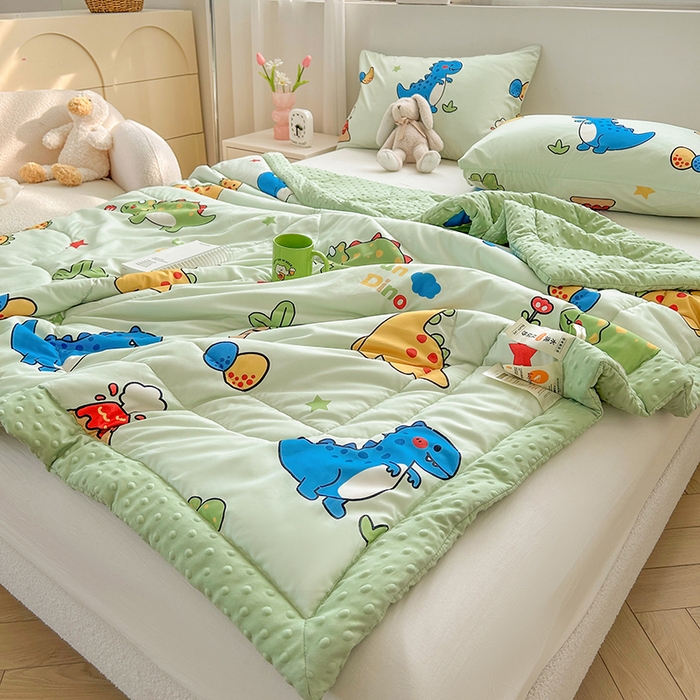 91家纺网 家纺一手货源 找家纺 悦织语 2026新款水洗棉双层纱豆豆被大豆夏凉被 恐龙乐园