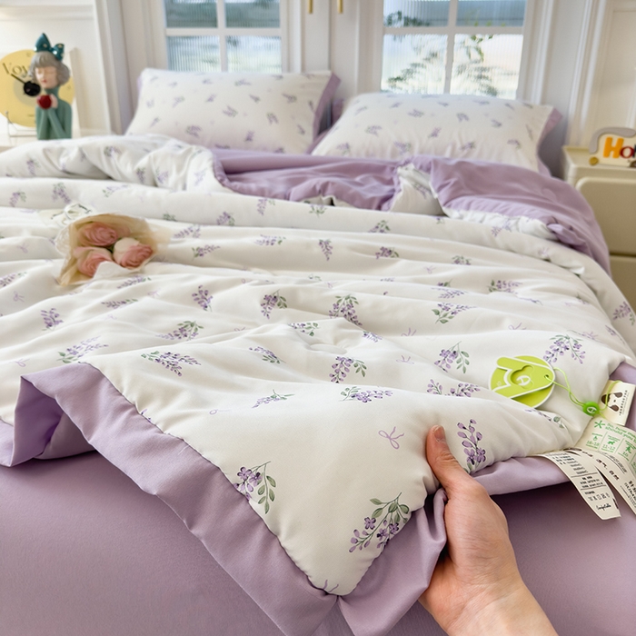91家纺网 家纺一手货源 找家纺 悦织语 2026新款A类针织棉双层纱韩版夏被四件套空调被 紫萱