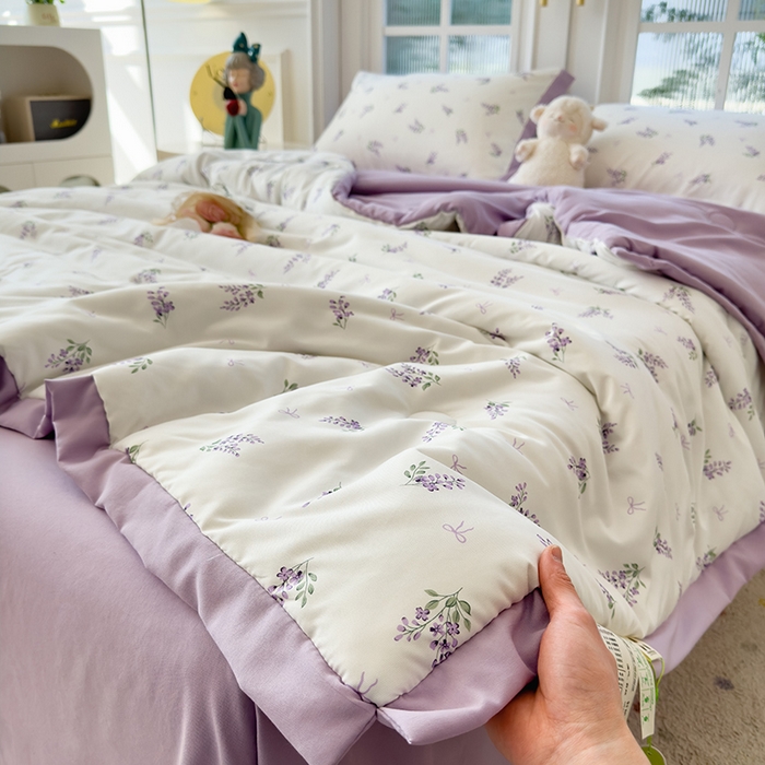 91家纺网 家纺一手货源 找家纺 悦织语 2026新款A类针织棉双层纱韩版夏被四件套空调被 紫萱